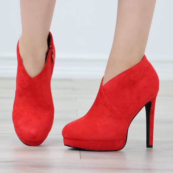 Red Platform Ankle Boots High Heel Stilettos Faux Suede - Picture 12 of 12